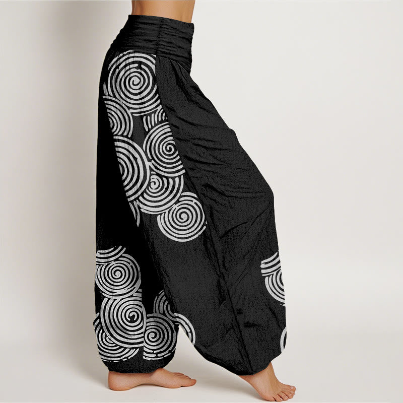 Pantaloni harem da donna in puro cotone con elastico in vita e motivo a spirale bianco stampato Buddha Stones - image 6