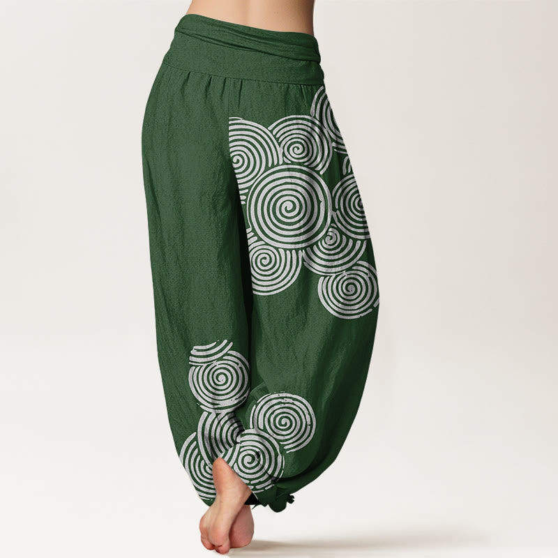 Pantaloni harem da donna in puro cotone con elastico in vita e motivo a spirale bianco stampato Buddha Stones - image 10