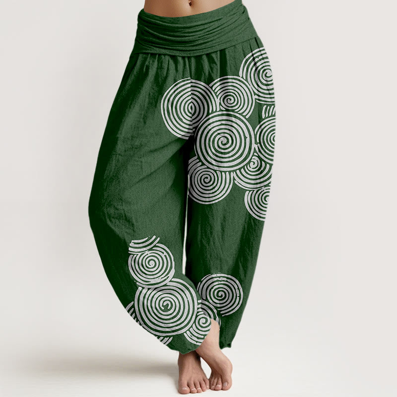 Pantaloni harem da donna in puro cotone con elastico in vita e motivo a spirale bianco stampato Buddha Stones - Verde scuro - US16, UK/AU20, EU48 (3XL) - image 8