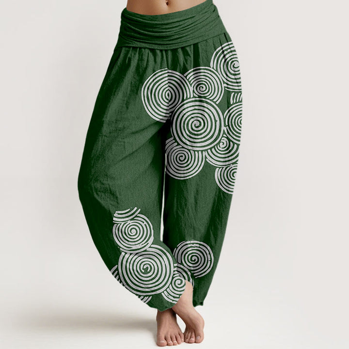 Pantaloni harem da donna in puro cotone con elastico in vita e motivo a spirale bianco stampato Buddha Stones - Verde scuro - US16, UK/AU20, EU48 (3XL) - image 8