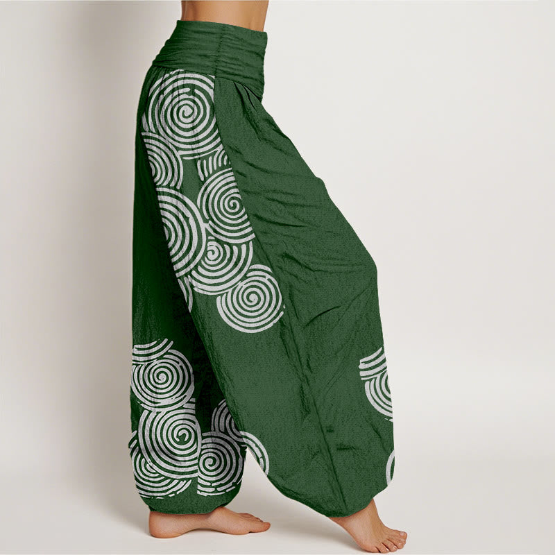 Pantaloni harem da donna in puro cotone con elastico in vita e motivo a spirale bianco stampato Buddha Stones - image 9