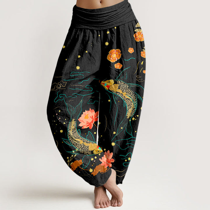 Pantaloni harem in puro cotone stampato con elastico in vita e motivo a pesce koi e pietre Buddha Stones - Nero - US16, UK/AU20, EU48 (3XL) - image 0