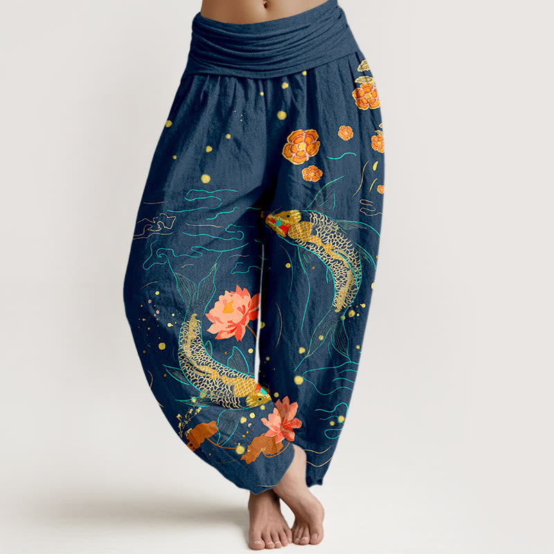 Pantaloni harem in puro cotone stampato con elastico in vita e motivo a pesce koi e pietre Buddha Stones - Blu scuro - US16, UK/AU20, EU48 (3XL) - image 5