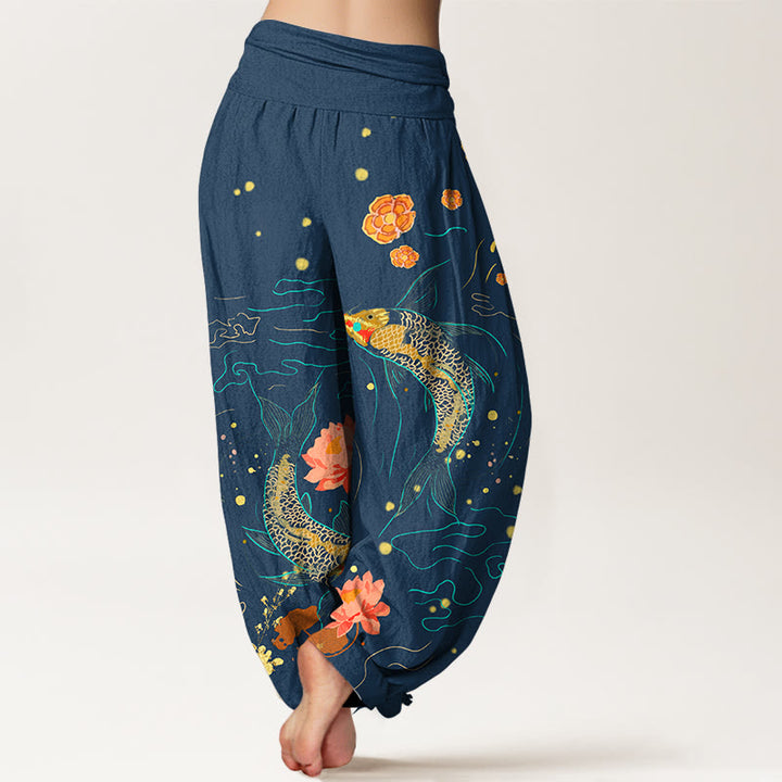 Pantaloni harem in puro cotone stampato con elastico in vita e motivo a pesce koi e pietre Buddha Stones - image 7