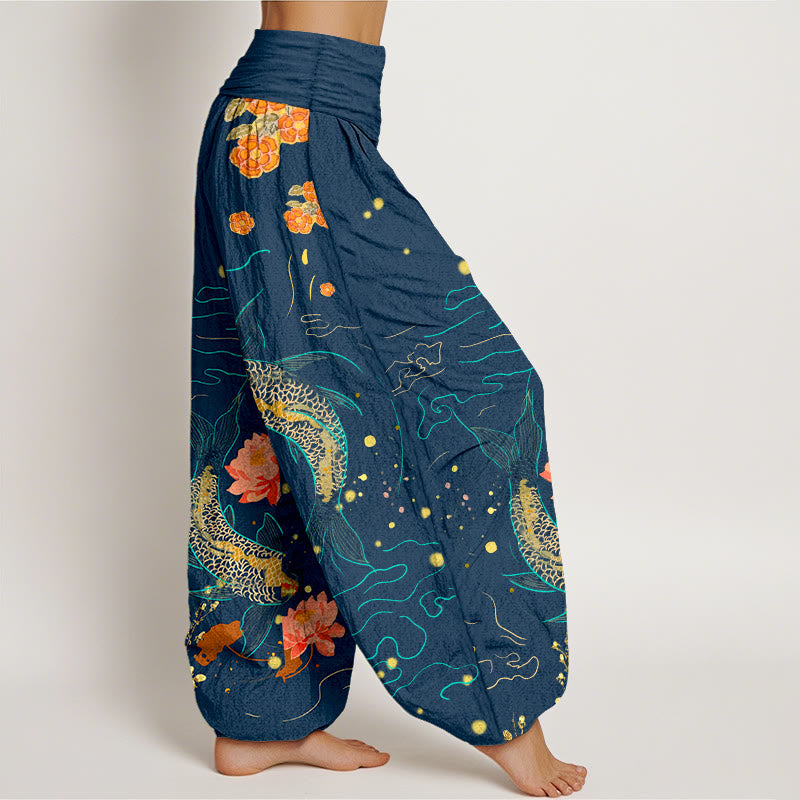 Pantaloni harem in puro cotone stampato con elastico in vita e motivo a pesce koi e pietre Buddha Stones - image 6