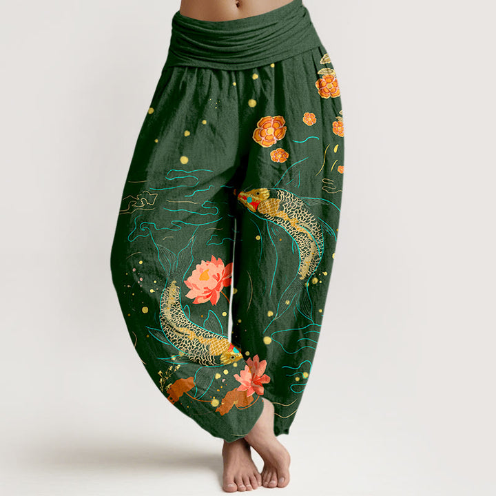 Pantaloni harem in puro cotone stampato con elastico in vita e motivo a pesce koi e pietre Buddha Stones - Verde scuro - US16, UK/AU20, EU48 (3XL) - image 8