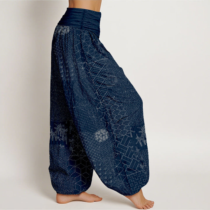 Pantaloni harem in puro cotone stampato con elastico in vita e motivo geometrico Buddha Stones da donna - image 1
