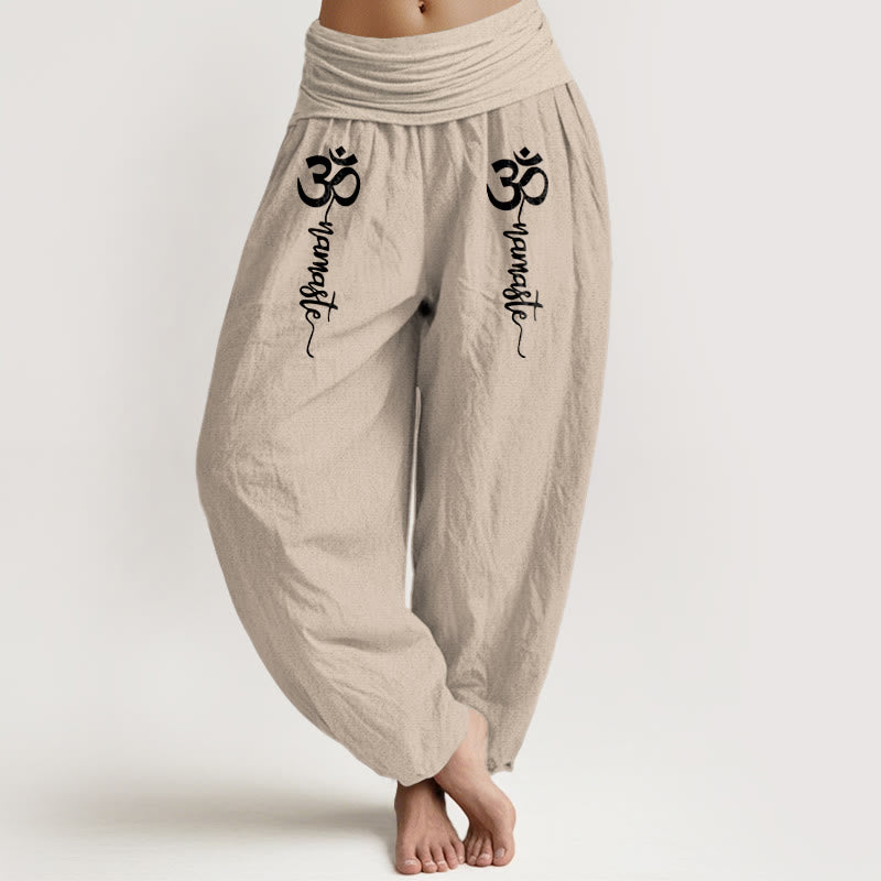 Buddha Stones Pantaloni harem da donna in puro cotone con elastico in vita e motivo Namaste Om - Beige - US16, UK/AU20, EU48 (3XL) - image 14