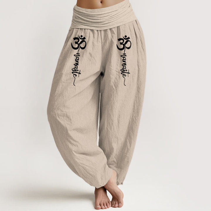 Buddha Stones Pantaloni harem da donna in puro cotone con elastico in vita e motivo Namaste Om - Beige - US16, UK/AU20, EU48 (3XL) - image 14