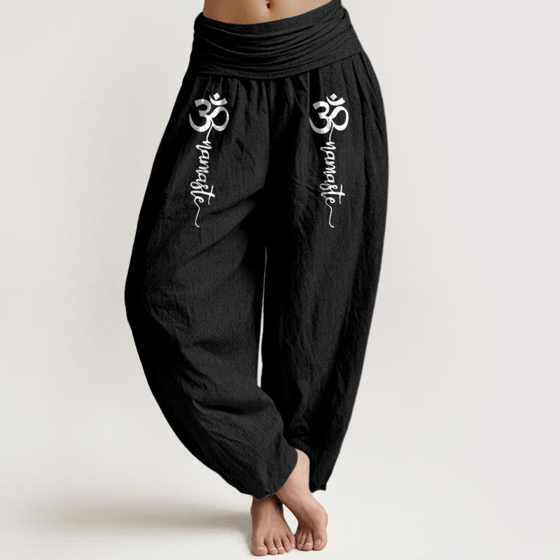 Buddha Stones Pantaloni harem da donna in puro cotone con elastico in vita e motivo Namaste Om - Nero - US16, UK/AU20, EU48 (3XL) - image 5