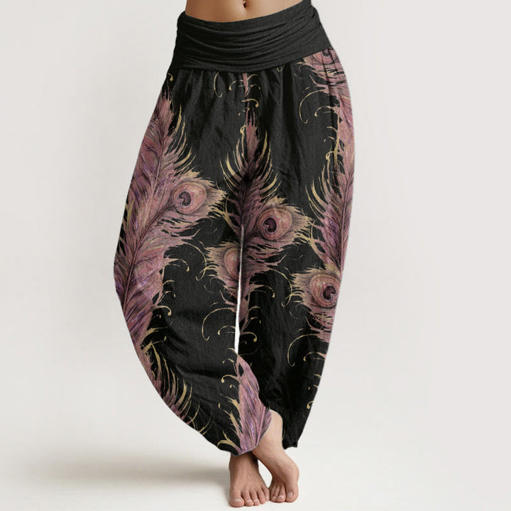 Pantaloni harem da donna con elastico in vita, in puro cotone con motivo fenice brillante, Buddha Stones - Nero - US22, UK/AU26, EU54 (6XL) - image 0