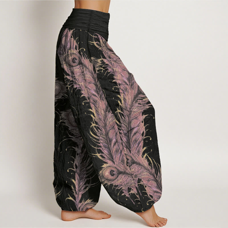 Pantaloni harem da donna con elastico in vita, in puro cotone con motivo fenice brillante, Buddha Stones - image 2