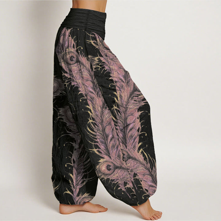 Pantaloni harem da donna con elastico in vita, in puro cotone con motivo fenice brillante, Buddha Stones - image 2