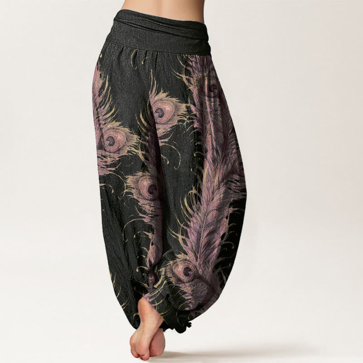 Pantaloni harem da donna con elastico in vita, in puro cotone con motivo fenice brillante, Buddha Stones - image 1