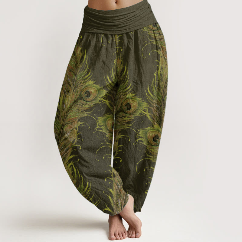 Pantaloni harem da donna con elastico in vita, in puro cotone con motivo fenice brillante, Buddha Stones - Verde oliva - US22, UK/AU26, EU54 (6XL) - image 5