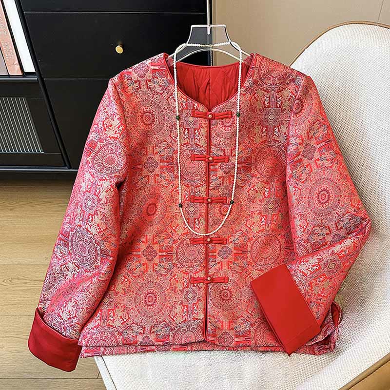 Giacca a maniche lunghe con tasche e motivo floreale simmetrico in jacquard da donna Buddha Stones - Rosso - US8-10, UK/AU12-14, EU40-42 (2XL) - image 0