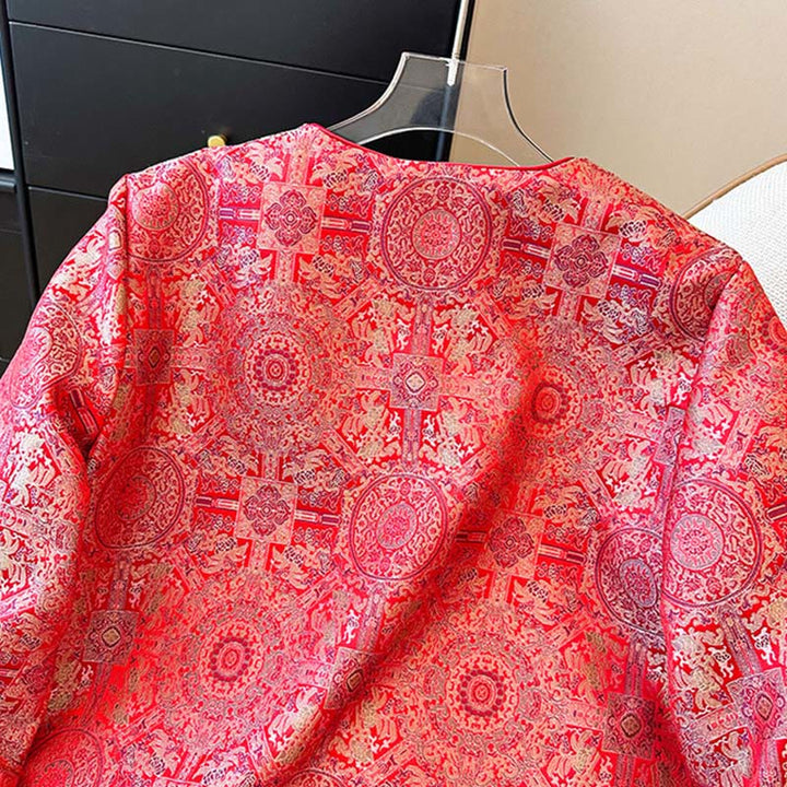 Giacca a maniche lunghe con tasche e motivo floreale simmetrico in jacquard da donna Buddha Stones - image 4