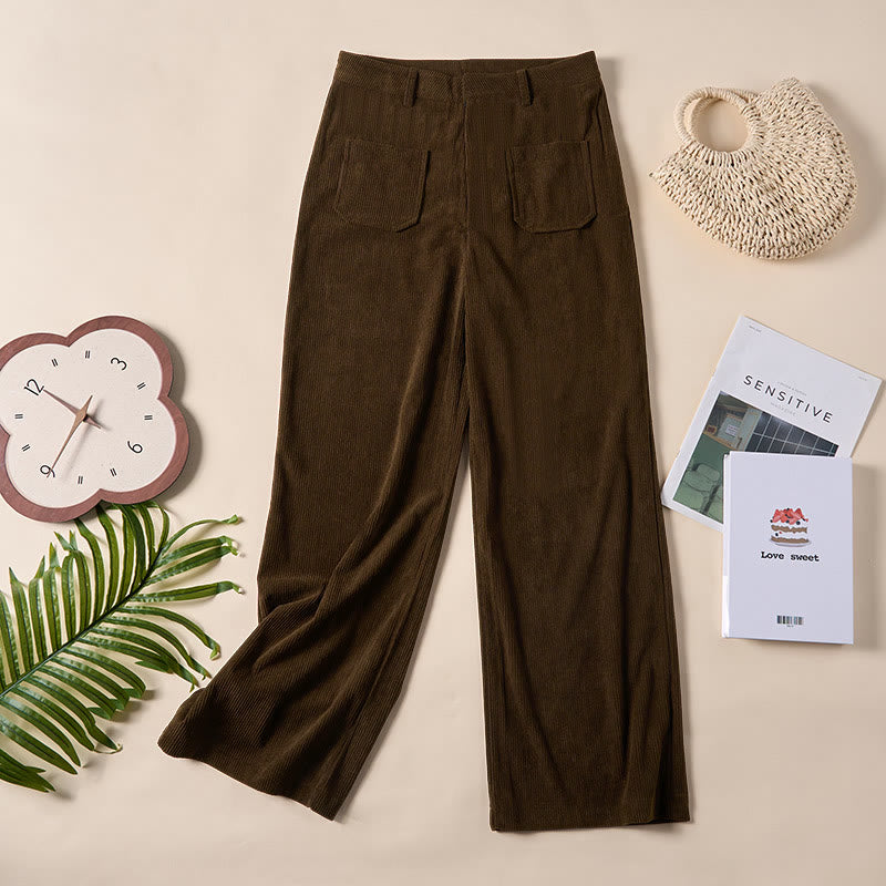 Pantaloni larghi da donna in velluto a coste semplice con bottoni e tasche, in poliestere, con Buddha Stones - image 3