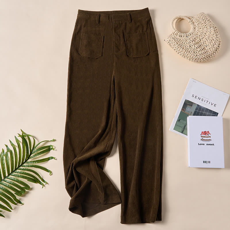 Pantaloni larghi da donna in velluto a coste semplice con bottoni e tasche, in poliestere, con Buddha Stones - Marrone sella - US14, UK/AU18, EU46 (2XL) - image 0