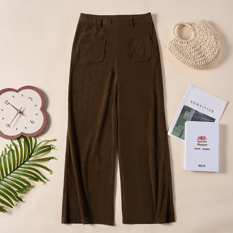 Pantaloni larghi da donna in velluto a coste semplice con bottoni e tasche, in poliestere, con Buddha Stones - image 1