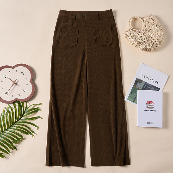 Pantaloni larghi da donna in velluto a coste semplice con bottoni e tasche, in poliestere, con Buddha Stones - image 1