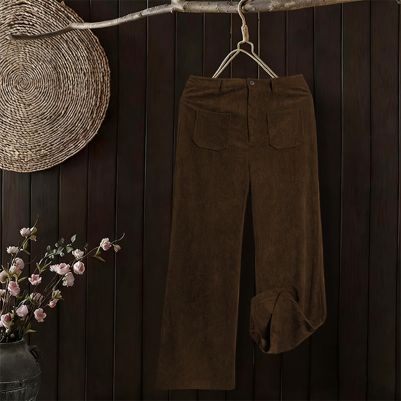 Pantaloni larghi da donna in velluto a coste semplice con bottoni e tasche, in poliestere, con Buddha Stones - image 4