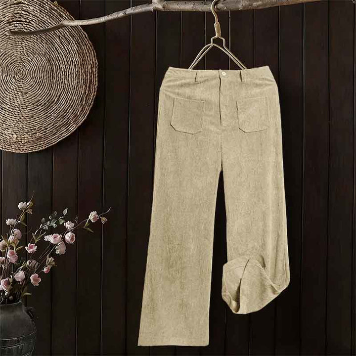 Pantaloni larghi da donna in velluto a coste semplice con bottoni e tasche, in poliestere, con Buddha Stones - image 12