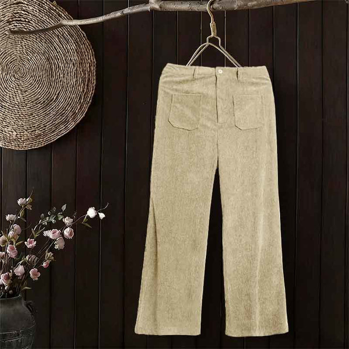Pantaloni larghi da donna in velluto a coste semplice con bottoni e tasche, in poliestere, con Buddha Stones - Beige - US14, UK/AU18, EU46 (2XL) - image 9