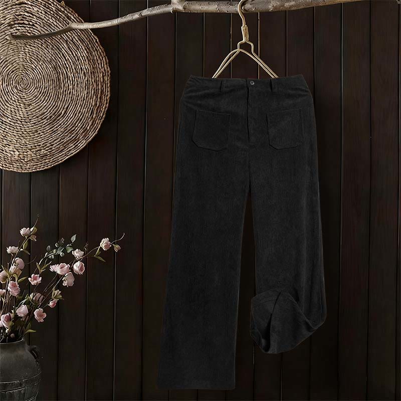 Pantaloni larghi da donna in velluto a coste semplice con bottoni e tasche, in poliestere, con Buddha Stones - image 24