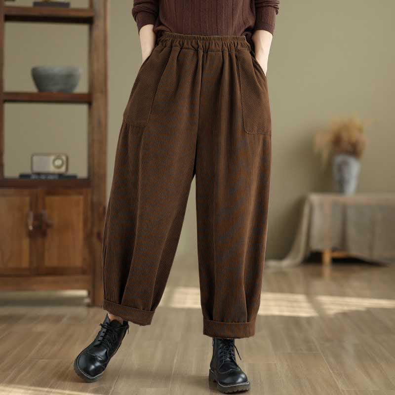 Pantaloni harem da donna in velluto a coste con tasche, modello semplice, tinta unita invernale, lunghezza alla caviglia , Buddha Stones - Marrone sella - US8-10, UK/AU12-14, EU40-42 (2XL) - image 6