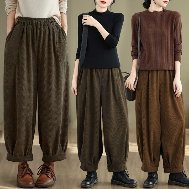 Pantaloni harem da donna in velluto a coste con tasche, modello semplice, tinta unita invernale, lunghezza alla caviglia , Buddha Stones - image 24