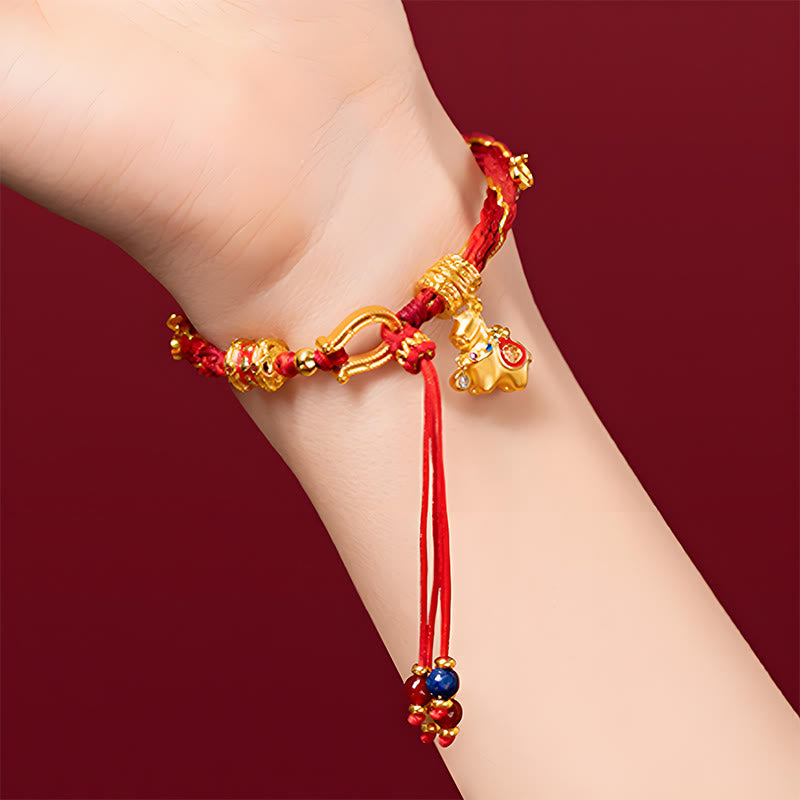Buddha Stones Bracciale intrecciato con corda rossa portafortuna in oro 18k placcato in rame con carattere Fu dell'anno del cavallo - image 4