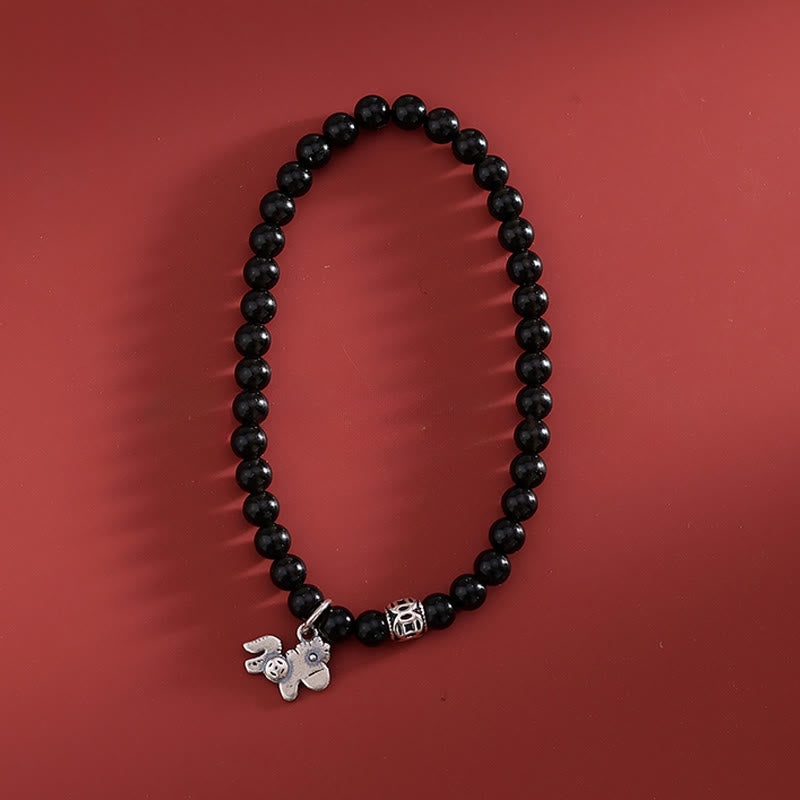 Bracciale Buddha Stones Year Of The Horse in argento sterling 925 con ossidiana nera naturale e forza - image 1