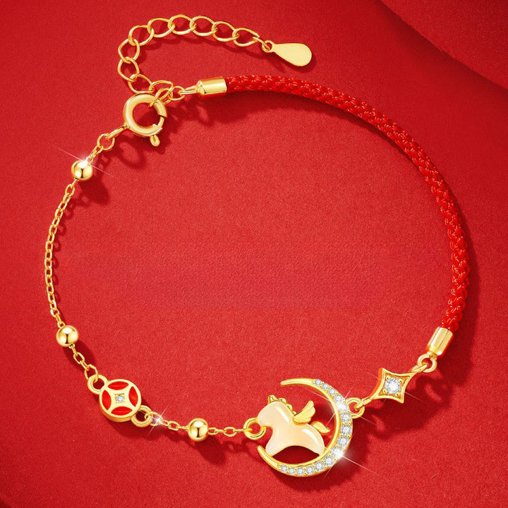 Bracciale in corda rossa con abbondanza di zirconi in argento sterling 925, anno del cavallo , Buddha Stones giada di Hetian - image 1