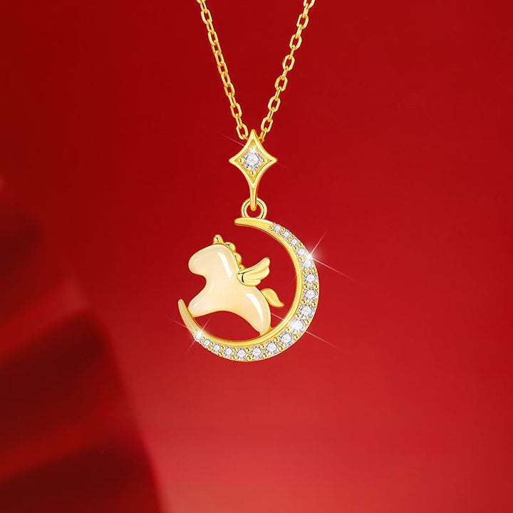 Collana con ciondolo in argento sterling 925, giada di Hetian, zircone e pietre Buddha Stones , anno del cavallo - Giada e argento sterling 925 e zircone - image 0