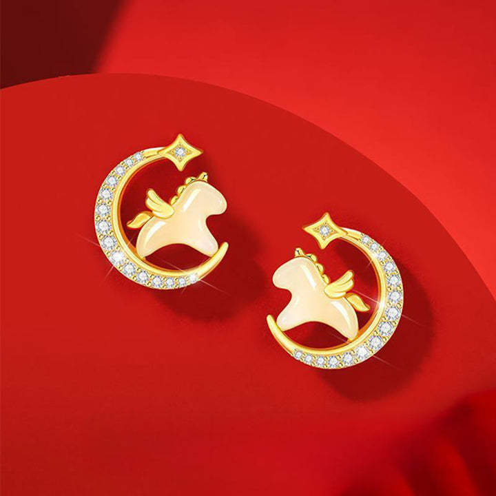 Orecchini Buddha Stones Anno del Cavallo Giada Hetian Argento Sterling 925 Zircone Luna Abbondanza - Giada e argento sterling 925 e zircone (perni in argento sterling 925) - image 0