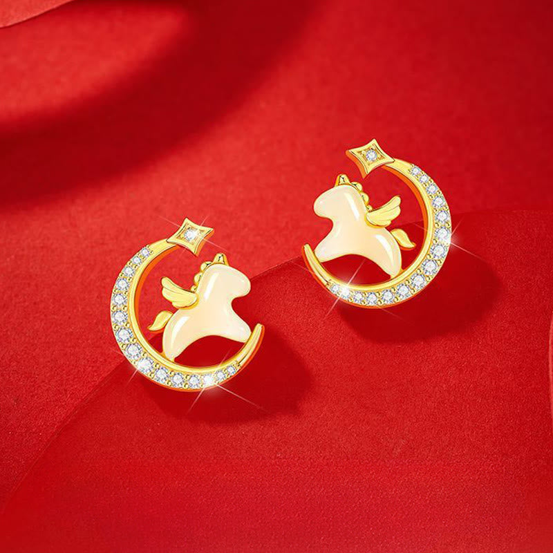 Orecchini Buddha Stones Anno del Cavallo Giada Hetian Argento Sterling 925 Zircone Luna Abbondanza - image 1