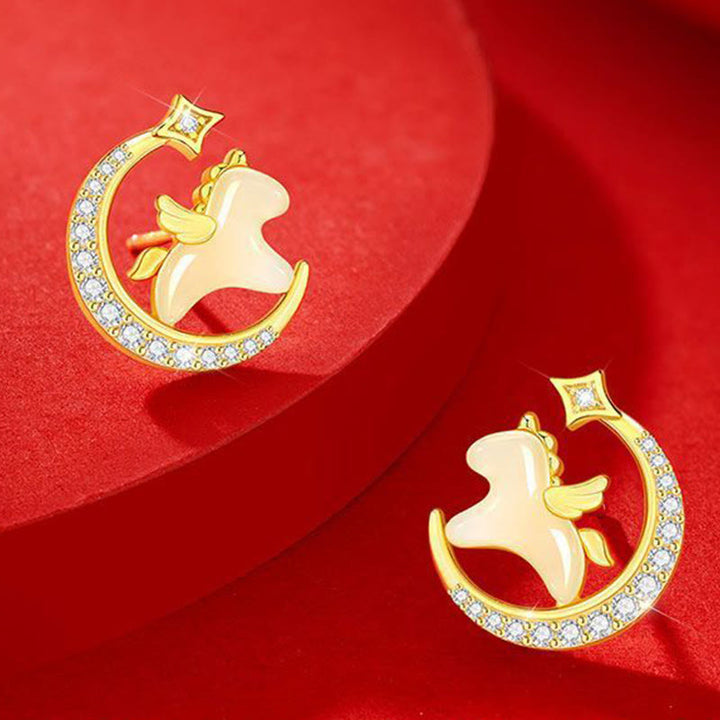 Orecchini Buddha Stones Anno del Cavallo Giada Hetian Argento Sterling 925 Zircone Luna Abbondanza - image 2