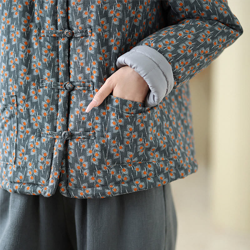 Giacca da donna in cotone spesso con tasche e bottoni a rana, motivo floreale, a maniche lunghe , Buddha Stones - image 8