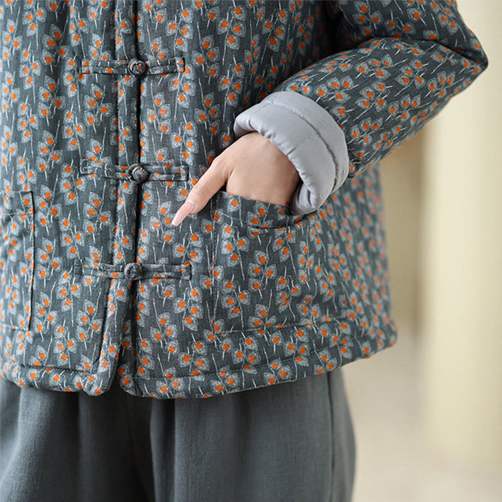 Giacca da donna in cotone spesso con tasche e bottoni a rana, motivo floreale, a maniche lunghe , Buddha Stones - image 8