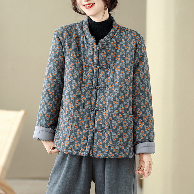 Giacca da donna in cotone spesso con tasche e bottoni a rana, motivo floreale, a maniche lunghe , Buddha Stones - image 1