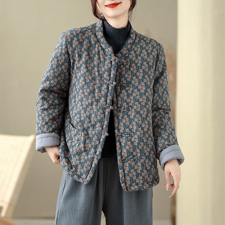 Giacca da donna in cotone spesso con tasche e bottoni a rana, motivo floreale, a maniche lunghe , Buddha Stones - image 3