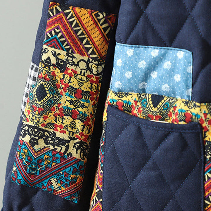 Giacca da donna in cotone spesso con maniche lunghe, tasche e patchwork etnico con bottoni a forma di rana Buddha Stones - image 10