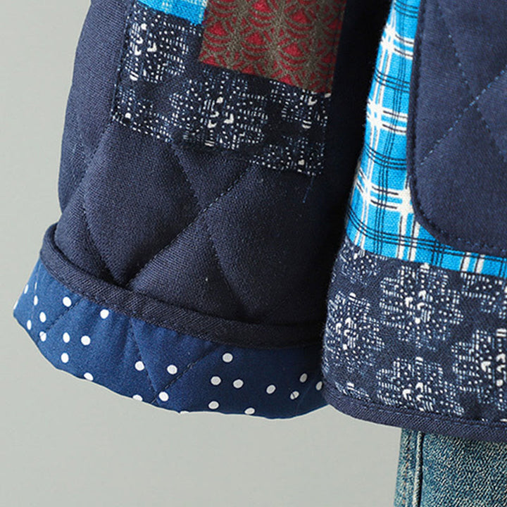 Giacca da donna in cotone spesso con maniche lunghe, tasche e patchwork etnico con bottoni a forma di rana Buddha Stones - image 1