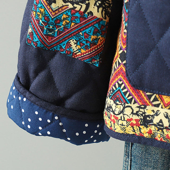 Giacca da donna in cotone spesso con maniche lunghe, tasche e patchwork etnico con bottoni a forma di rana Buddha Stones - image 12