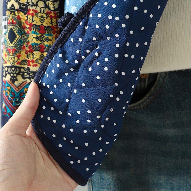 Giacca da donna in cotone spesso con maniche lunghe, tasche e patchwork etnico con bottoni a forma di rana Buddha Stones - image 13