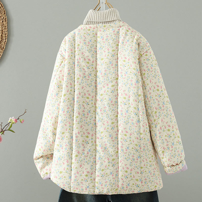 Giacca da donna in cotone a maniche lunghe con tasche, motivo floreale e bottoni con Buddha Stones - image 1