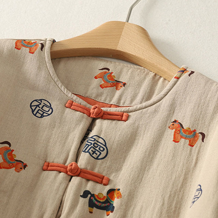 Giacca da donna in cotone a maniche lunghe con motivo a rana e bottoni, motivo Buddha Stones Horse Fu Character - image 7