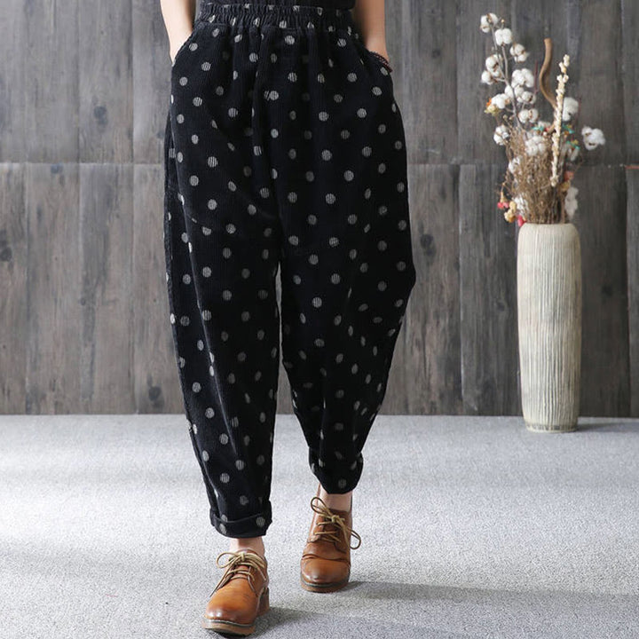 Pantaloni harem in velluto a coste con stampa a pois e tasche da donna Buddha Stones - image 9