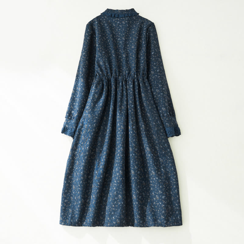 Abito midi in velluto a coste con maniche lunghe, tasche e motivo floreale in pizzo patchwork Buddha Stones - image 9